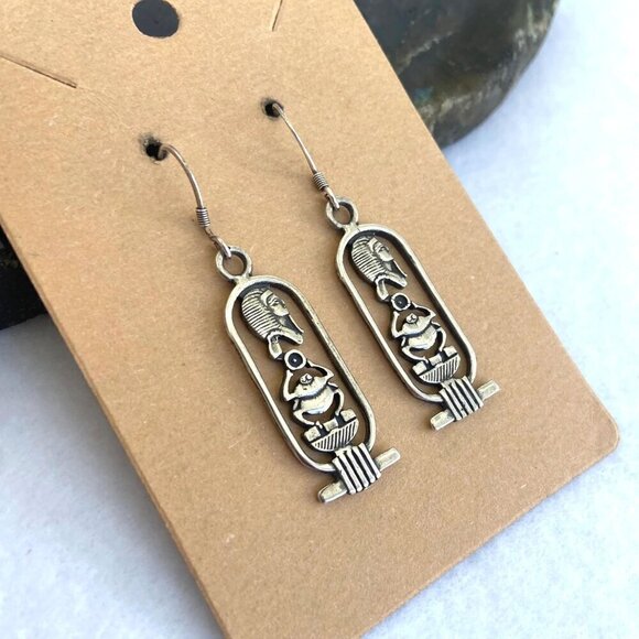 Sterling Silver 925 Egyptian Amulet Hieroglyph Scarab Cartouche Dangle Earrings - Picture 4 of 16
